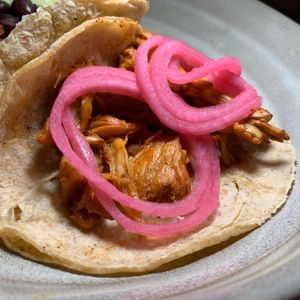 Mushroom Cochinita: Achiote Marinade, Red Pickled Onions.  From Vegan Taco Tuesday 11/14/23 (every 2nd Tuesday of the month) at 600 Kitchen and Bar in Kalamazoo