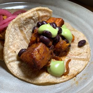 Roasted Butternut Taco: Guajillo Marinade, Black Beans, Avocado Aioli.  From Vegan Taco Tuesday 11/14/23 (every 2nd Tuesday of the month) at 600 Kitchen and Bar in Kalamazoo