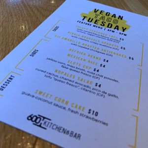 Vegan Taco Tuesday Menu for 12/12/23: Every 2nd Tuesday of the month at 600 Kitchen and Bar in Kalamazoo