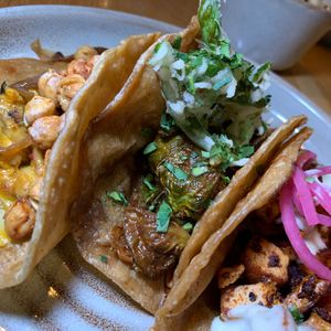 Birria Brussels Sprouts Taco: Crispy Scallions, Cilantro.  From Vegan Taco Tuesday 12/12/23 (every 2nd Tuesday of the month) at 600 Kitchen and Bar in Kalamazoo
