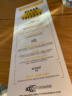 Vegan Taco Tuesday Menu for 1/16/24 at 600 Kitchen and Bar in Kalamazoo