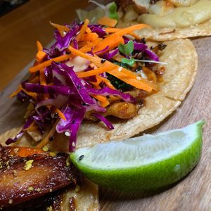 Teriyaki Sprout-It Mushroom Taco:  Broccoli, Cabbage Slaw, Sesame Seeds.  From Vegan Taco Tuesday 1/16/24 at 600 Kitchen and Bar in Kalamazoo