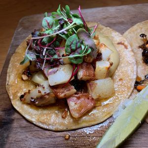 Chili Crunch Potato Taco: Rosemary, Parsnip, Leek Puree & Microgreens.  From Vegan Taco Tuesday 1/16/24 at 600 Kitchen and Bar in Kalamazoo