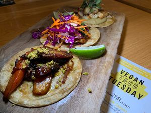 Heirloom Carrot Taco, Teriyaki Sprout-It Mushroom Taco, Chili Crunch Potato Taco.  From Vegan Taco Tuesday 1/16/24 at 600 Kitchen and Bar in Kalamazoo