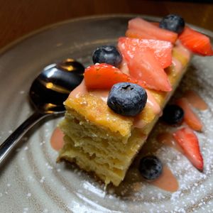 Vegan Corn Cake:  Guava Coconut Sauce, Fresh Berries at 600 Kitchen and Bar in Kalamazoo