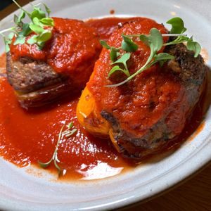 Impossible Stuffed Peppers, Tomato & Pepper Sauce, Rice, Fresh Herbs at 600 Kitchen and Bar in Kalamazoo