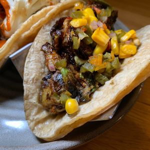 Fried Brussels Sprouts Taco: Serrano Salsa, Corn & Poblano Relish.  From Vegan Taco Tuesday 2/13/24 (every 2nd Tuesday of the month) at 600 Kitchen and Bar in Kalamazoo