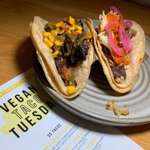 Fried Brussels Sprouts Taco & Harissa Maple Cauliflower Taco:  From Vegan Taco Tuesday 2/13/24 (every 2nd Tuesday of the month) at 600 Kitchen and Bar in Kalamazoo