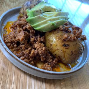Smashed Potatoes w/ Impossible Chorizo & Avocado.  From Vegan Taco Tuesday 3/12/24 (every 2nd Tuesday of the month) at 600 Kitchen and Bar in Kalamazoo