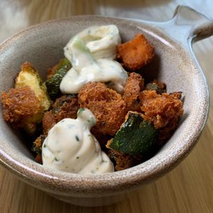 Crispy Zucchini & Sweet Potato w/ Jalapeño Aioli.  From Vegan Taco Tuesday 3/12/24 (every 2nd Tuesday of the month) at 600 Kitchen and Bar in Kalamazoo