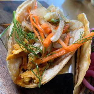 Shredded Tofu Taco:  Curry-Calabrian Sauce, Carrot-Fennel Slaw.  From Vegan Taco Tuesday 3/12/24 (every 2nd Tuesday of the month) at 600 Kitchen and Bar in Kalamazoo