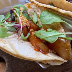 Fried Heirloom Carrots:  Sweet Chili Sauce, Pickled Mustard Seeds.  From Vegan Taco Tuesday 3/12/24 (every 2nd Tuesday of the month) at 600 Kitchen and Bar in Kalamazoo