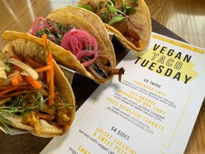 Taco Flight: Shredded Tofu Taco, Soy-Orange Marinated Bok Choy Taco, Fried Heirloom Carrots Taco.  From Vegan Taco Tuesday 3/12/24 (every 2nd Tuesday of the month) at 600 Kitchen and Bar in Kalamazoo