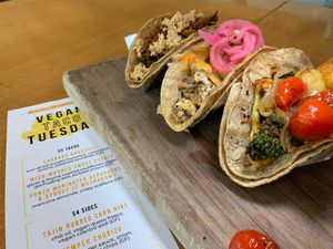 Ponzu Marinated Asparagus & Sprout-It Mushroom Taco, Miso-Mashed Sweet Potato Taco, Charred Broccoli Taco:  From Vegan Taco Tuesday 7/9/24 (every 2nd Tuesday of the month) at 600 Kitchen and Bar in Kalamazoo