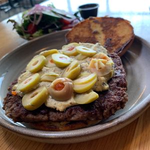 Build Your Own Burger: Impossible Plant-Based Patty, Vegan Cheddar, add Green Olives at 600 Kitchen and Bar in Kalamazoo