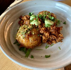 Fried potatoes with cilantro, tempeh chorizo, and chimichurri   at 600 Kitchen and Bar in Kalamazoo