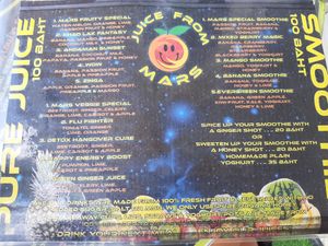 Juice/smoothie menu at Juice From Mars in Takua Pa