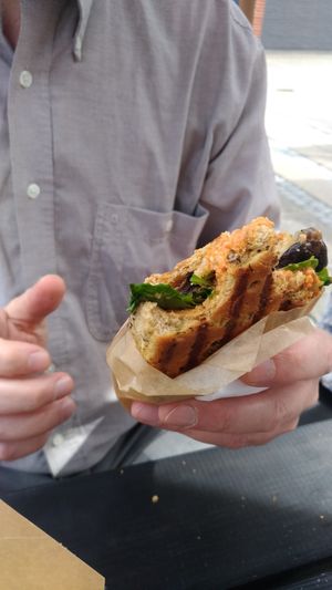 This is a special panini with portabello mushroom. We had the menu. I had to try it. Very good chilli mayo with some tortilla chips too. Also very good. at Brouer's Madvogn in Ringsted