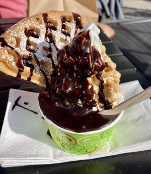 Soft serve ice cream with fresh waffle, chocolate sauce and peanuts 🤤  at Brouer's Madvogn in Ringsted