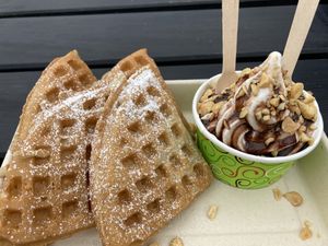 Belgium waffle and soft-serve sundae   at Brouer's Madvogn in Ringsted