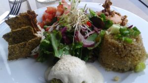 Sample Plate... Falafel, Sunseed Crouquettes, Chevre & Crackers, Bomblette, Salad, Brown Rice & Quinoa at Organic Garden Cafe in Beverly