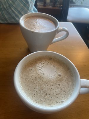 Hot chocolate on top and Chai on bottom. Both were good but cashew milk was not well blended   at Organic Garden Cafe in Beverly