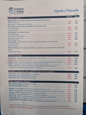 Menu in Croatian at Simple Bake in Zagreb