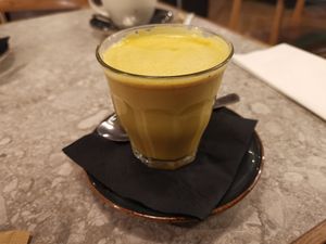 Magic Turmeric (coconut, soy or almond milk at your convenience), we choice almond and it was a perfect match at Jam Limassol in Limassol