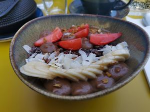 Choco-Tahini Bowl (with warm oat cereals as a base and tasty granola) at Jam Limassol in Limassol