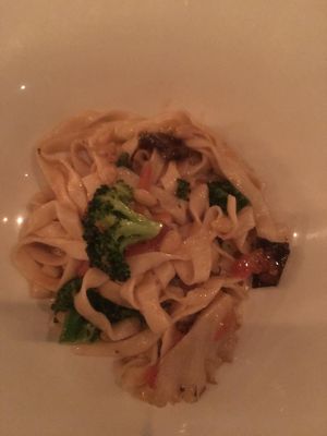 Vegan pasta with broccoli and mushrooms at Posada Margherita in Tulum