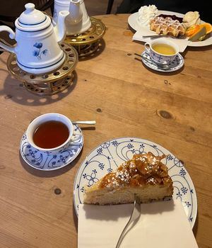 Vegan cake in front. Non vegan waffle   at Teestübchen im Schnoor in Bremen