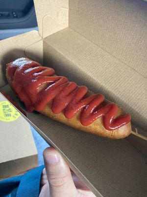 Ketchup with corndog  at Veman's Junkfood in Barry