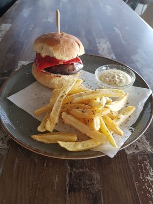 Vegan portobello burger at Yucca in Donoussa