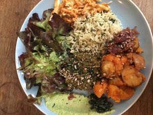 Dish of the day with parsley-coriander cream and spirulina at Sol Semilla in Paris