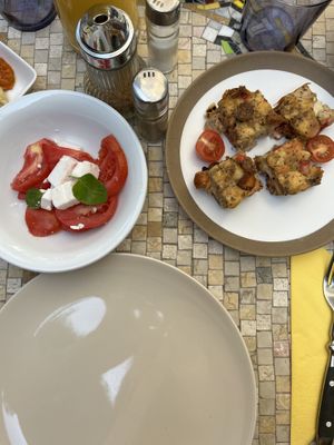 breakfast menu - vegan feta and tomatoes salad, salty vegan cakes  at Balatura in Tribalj