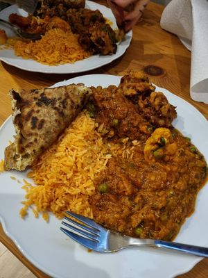 Vegetable Dhansak, Lemon & Cashew Nut Rice, Vegetable Pakora's and Paratha at Maazi in Matlock