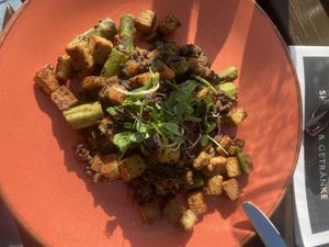 Beluga Linsen, Süßkartoffel, grüner Spragel, Tofu  at Strandhaus in Luebbenau