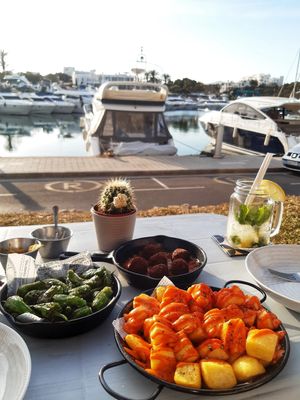 Vegan meatballs, patatas, padron peppers at Boat House Bar in Mallorca