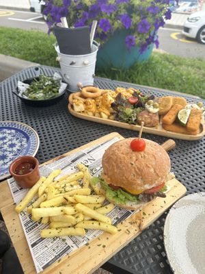 Sharing platter and burger   at Boat House Bar in Mallorca