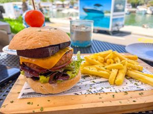 Boat House burger with guacamole and bacon  at Boat House Bar in Mallorca