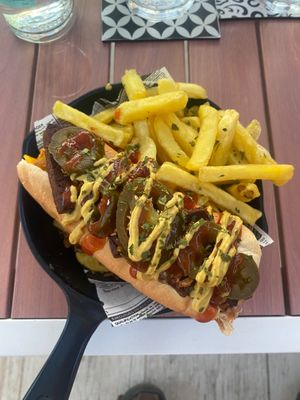 Deluxe hot dog  at Boat House Bar in Mallorca