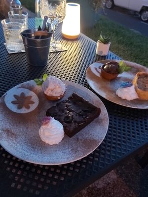 Brownie and apple strudel at Boat House Bar in Mallorca