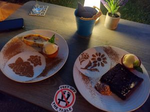 Chocolate brownie and apple strudel at Boat House Bar in Mallorca