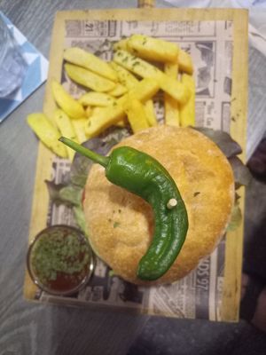 Bean patty burger with fries at Boat House Bar in Mallorca