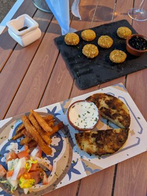 Vegan Spanish omlette & camembert bites  at Boat House Bar in Mallorca