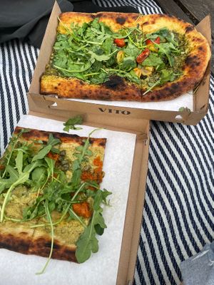 Two pieces, one with vegetables and Pesto and one with leek cream and carrot lax  at VITO in Basel