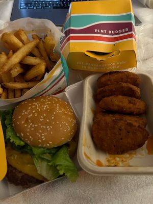 Vegan burger, large fries with herbs and buffalo faux  chicken wings 💚 at PLNT Burger - H St in Washington