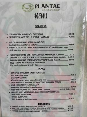 Menu at Plantae Gastrobar  in Tenerife