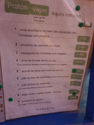 Vegetarian menu in Portuguese, says that some dishes have egg ( "ovo" in Portuguese). Waiters know what is vegan. at O Melidense in Melides