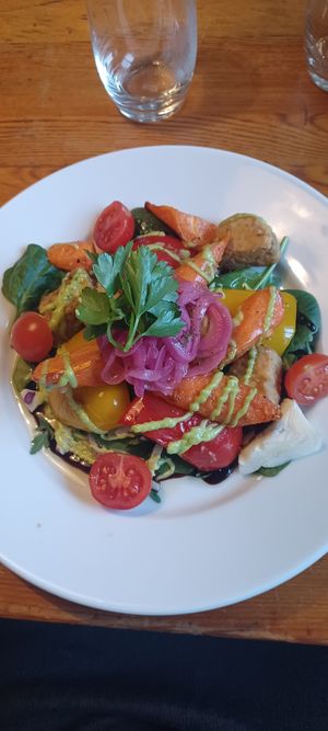 Vegan lunch with seitan, grilled veggies and kidney bean hummus. at Café Zorn in Mora